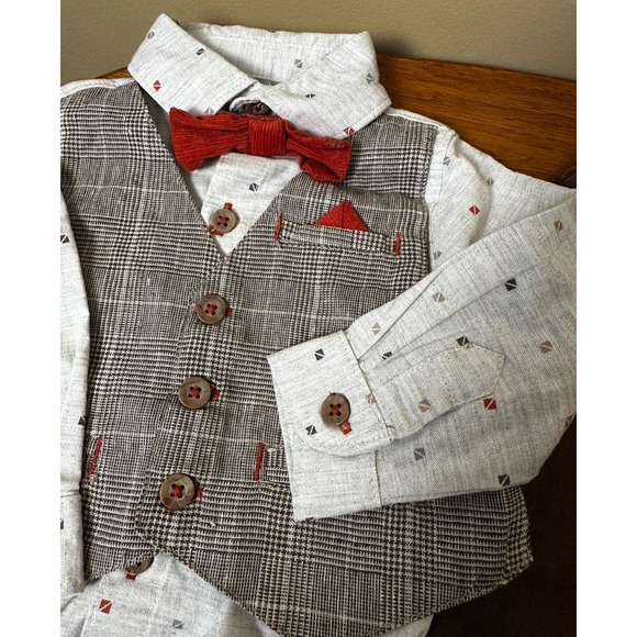 Little Lad 3 pc Shirt Pants Bowtie Set Boy's Size 3-6 Months Brown Church Dressy - Picture 5 of 13